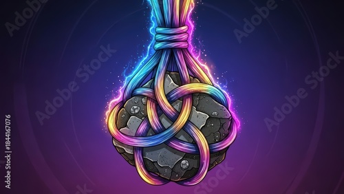 Vibrant colorful ropes intricately tied around a rough stone, symbolizing energy and connection.