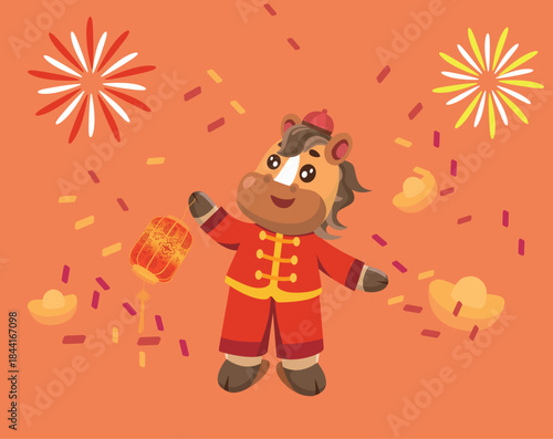An anthropomorphic cute horse holding a lantern to offer New Year's greetings, auspicious fireworks and ingots for the Year of the Horse.