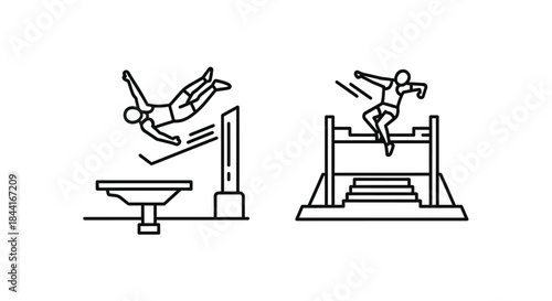 Outline icons set of extreme sports activities freestyle trampoline jump and steeplechase hurdle race, black and line art