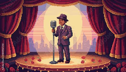 Retro pixelated singer wearing a fedora and suit performs on a grand stage with a classic microphone, illuminated by a warm spotlight in a theatrical setting