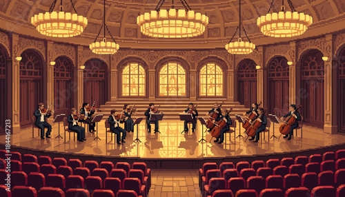 Pixel art illustration of a symphony orchestra performing classical music on a grand, warmly lit stage inside an elegant and ornate concert hall with large chandeliers
