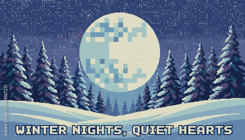 Pixel art winter night landscape with a large full moon shining over a snowy forest of pine trees under a starry sky in a retro 8-bit video game style
