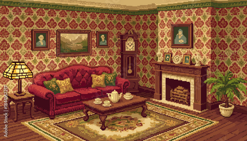 Pixel art illustration of a cozy vintage living room with a red sofa, fireplace, and grandfather clock, creating a warm and nostalgic atmosphere with classic furniture and decor