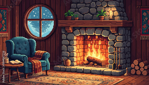 Cozy pixel art living room interior with a warm crackling fireplace, a comfortable armchair, and a round window showing a snowy winter night scene