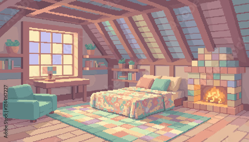 Cozy pixel art attic bedroom with a warm fireplace, large window, and comfortable bed under a sloped ceiling with skylights, creating a peaceful and nostalgic atmosphere