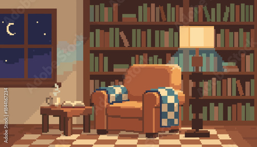 Cozy pixel art reading nook with an armchair, bookshelf, and lamp creating a warm and peaceful atmosphere for a quiet evening of study and relaxation at home