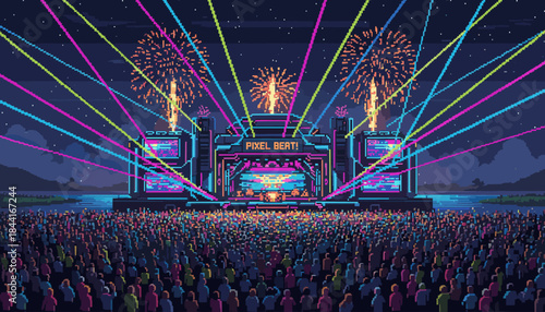 Pixel art illustration of a music festival at night showing a large crowd watching an energetic stage show with vibrant neon lights, lasers, and spectacular fireworks