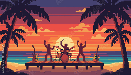 Pixel art illustration of a band playing music on a beach stage at sunset with silhouetted palm trees, creating a vibrant and nostalgic retro video game scene