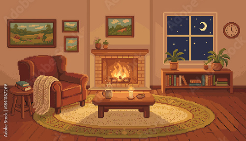 Cozy pixel art living room scene at night with a warm fireplace, a comfortable armchair, and a window showing the starry sky creating a tranquil and relaxing atmosphere