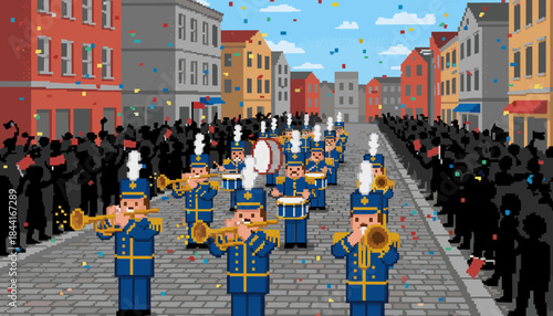 Pixel art marching band in blue and gold uniforms plays brass instruments while marching in a festive city parade with a crowd and falling confetti