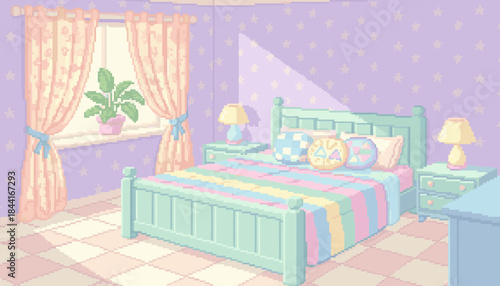Cozy pixel art bedroom interior in soft pastel colors featuring a bed with a striped blanket, star wallpaper, and warm morning sunlight coming through the window