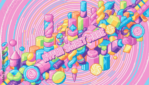 Colorful pixel art illustration of assorted candies and sweets in a vibrant, chaotic explosion of sugary treats with retro 8-bit video game aesthetics and a playful mood