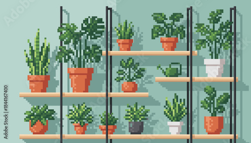 Many pixel art potted green plants are arranged neatly on wooden shelves with a watering can, creating a charming retro digital illustration