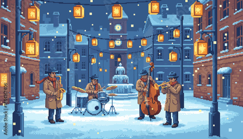 Pixel art jazz band performs outdoors in a charming snowy town square, illuminated by warm glowing lanterns under a dark winter sky, creating a cozy festive atmosphere