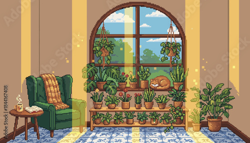 Cozy pixel art room with an arched window filled with numerous potted plants, a sleeping orange cat, and a comfortable green armchair, bathed in warm sunlight