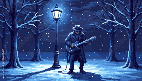 Pixel art man in a hat plays an electric guitar under a glowing street lamp, standing alone in a serene, snowy winter park at night with bare trees
