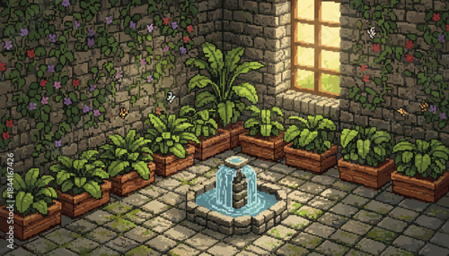 Charming pixel art indoor garden courtyard features a stone fountain, lush green plants in wooden planters, and flowering vines climbing ancient stone walls, bathed in warm sunlight