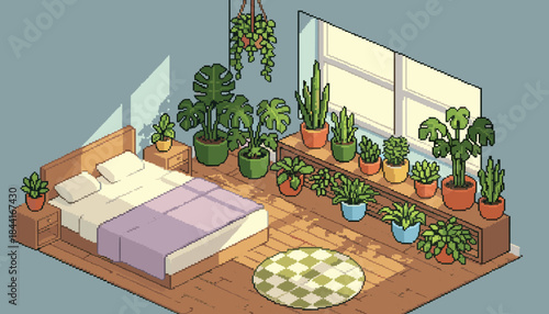 Cozy pixel art bedroom filled with numerous green houseplants, featuring a comfortable bed, wooden floor, and bright sunlight streaming through a large window, creating a vibrant indoor garden scene