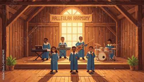 Pixel art gospel choir and band performs harmoniously on a rustic wooden stage, bathed in warm light from a large window, embodying spiritual joy in a retro 8-bit style