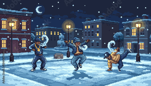Three pixel art men perform energetic hip-hop dance moves on a snowy street at night, illuminated by warm streetlights and a bright crescent moon