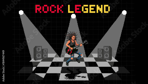 Pixel art rock guitarist with dreadlocks energetically plays an electric guitar on a checkered stage under bright spotlights, with 'ROCK LEGEND' text above
