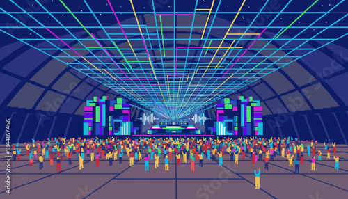 Vibrant pixel art concert crowd enjoys a dynamic music performance with a colorful stage and glowing neon grid lines overhead, creating an energetic retro atmosphere