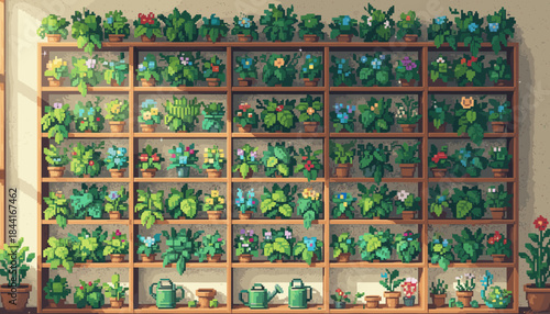 Numerous colorful pixel art potted plants fill a large wooden shelving unit, creating a vibrant and charming indoor garden scene with soft natural light