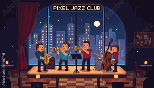Vibrant pixel art jazz band performs live on stage inside a cozy club, illuminated by warm lighting, with a cityscape and full moon visible through the large window