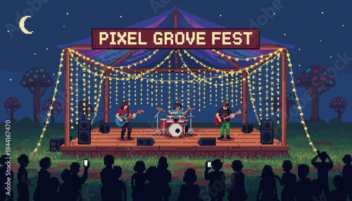 Vibrant pixel art band performs live on an outdoor stage at a night festival, illuminated by string lights, as a silhouetted crowd watches the energetic concert