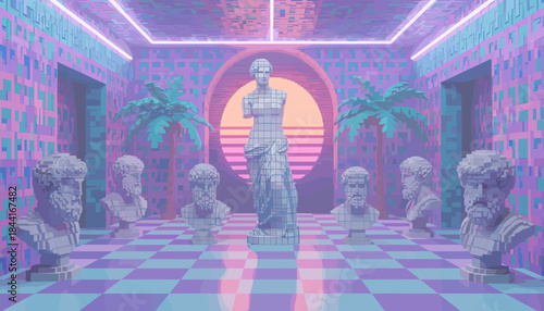 Large pixelated classical female statue stands prominently in a vibrant vaporwave room, surrounded by pixel art busts and palm trees under neon lights, evoking a nostalgic retro-futuristic aesthetic