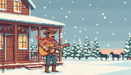 Pixel art cowboy character plays an acoustic guitar on a snowy house porch decorated with string lights, as gentle snow falls over a winter landscape with pine trees and distant horses