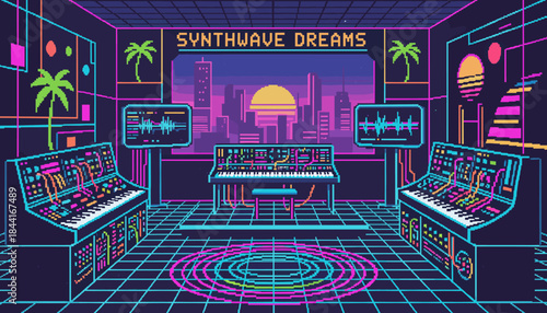 This vibrant pixel art music studio interior features a central synthesizer keyboard and two modular consoles, surrounded by glowing neon grid lines and a cityscape view, retro synthwave aesthetic