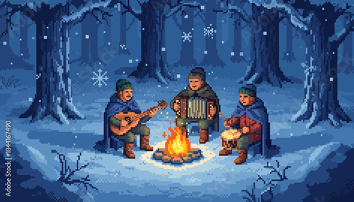 Three pixel art men play instruments around a campfire in a snowy winter forest at night, creating a cozy, nostalgic scene with warm firelight