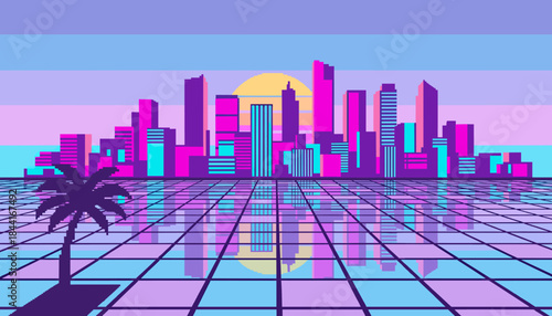 Vibrant pixelated cityscape features a lone palm tree silhouette against a colorful striped sky, reflecting on a futuristic grid plane with a glowing sun