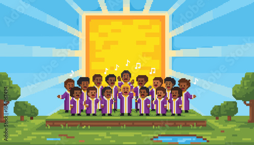Vibrant pixel art gospel choir joyfully sings on a grassy hill, dressed in purple robes, with musical notes floating towards a bright, glowing golden light in the sky, radiating warmth and harmony