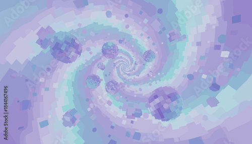 Multiple pixelated spheres float within a swirling pastel vortex of abstract geometric shapes, creating a dreamy and ethereal digital art illustration