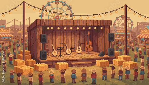 Vibrant pixel art outdoor music stage is set up with instruments and speakers for a lively festival performance, surrounded by a cheerful crowd and string lights under a warm evening sky