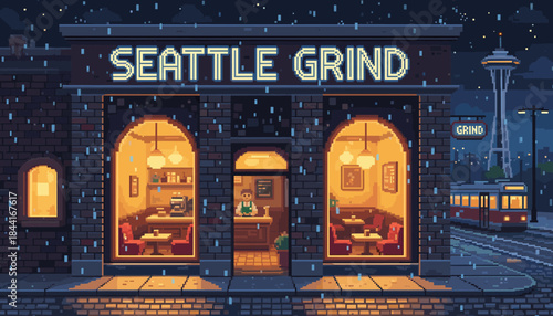 Cozy pixel art coffee shop storefront glows warmly on a rainy urban night, featuring a barista inside, a passing tram, and a tall city landmark in the distance, rendered in a charming retro style