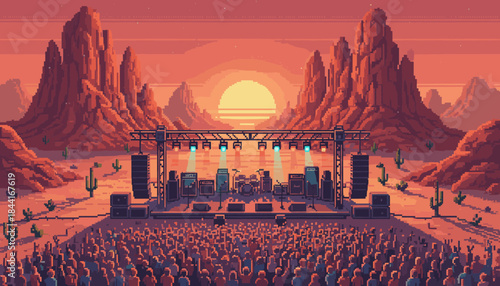 Vibrant pixel art outdoor concert stage is set in a vast desert landscape, illuminated by the warm glow of a setting sun as a large crowd gathers for the performance