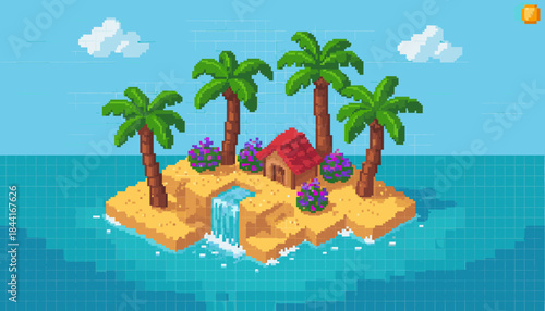 Charming pixel art isometric tropical island features a small house, lush palm trees, vibrant flowers, and a cascading waterfall into the blue ocean under a bright sky