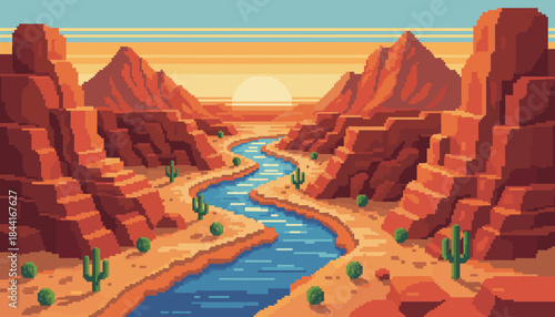 Vibrant pixel art desert canyon river winds through majestic red rock formations under a beautiful sunset sky with scattered cacti, rendered in a classic retro game style