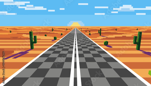 Pixelated desert road stretches endlessly towards a setting sun, flanked by blocky cacti under a bright blue sky with scattered clouds, evoking a classic retro video game aesthetic