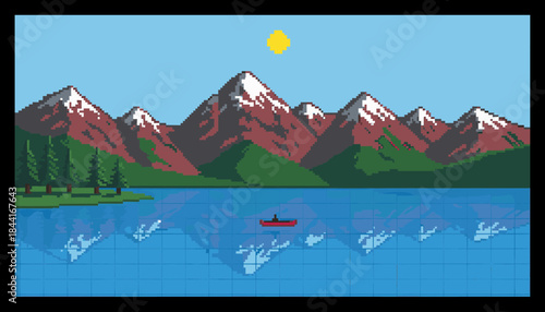 Serene pixel art lake scene features snow-capped mountains, lush green trees, and a small red canoe gently floating on calm blue water under a bright yellow sun, with clear reflections