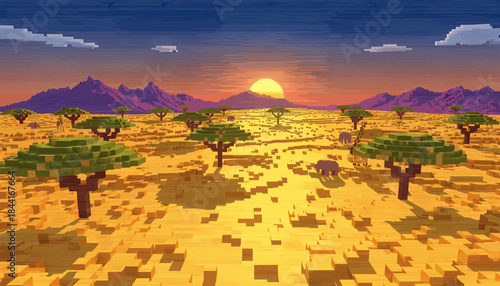 Pixelated savanna landscape with a vibrant sunset over distant mountains and scattered acacia trees, featuring pixel art animals in the golden light