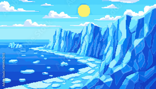Vibrant pixel art arctic landscape features towering blue ice cliffs alongside a vast sea dotted with floating ice floes under a bright yellow sun and cloudy blue sky