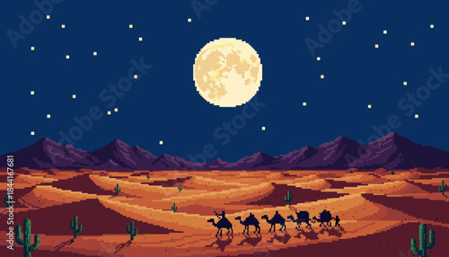 Pixel art camel caravan travels across a vast desert landscape under a bright full moon and starry night sky, featuring distant mountains and saguaro cacti