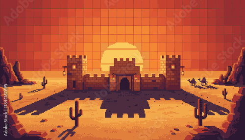 Vibrant pixel art desert fortress stands majestically under a warm orange sunset, casting long shadows across the sandy landscape with cacti and distant camels