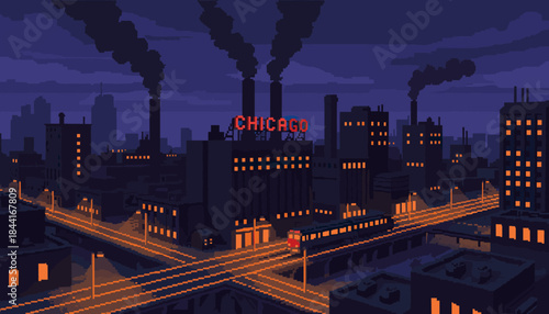This retro pixel art cityscape at night features industrial factories with smoking chimneys, an elevated train, glowing streetlights, and a prominent red neon city name sign, creating a urban scene