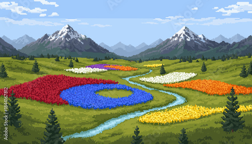 Vibrant pixel art landscape features a winding river flowing through colorful flower fields, surrounded by lush green hills, evergreen trees, and majestic snow-capped mountains under a clear blue sky