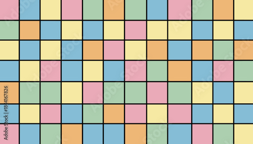 Soft pastel geometric grid pattern fills the entire frame, featuring an array of light-colored squares outlined by thin black lines, creating a modern abstract design